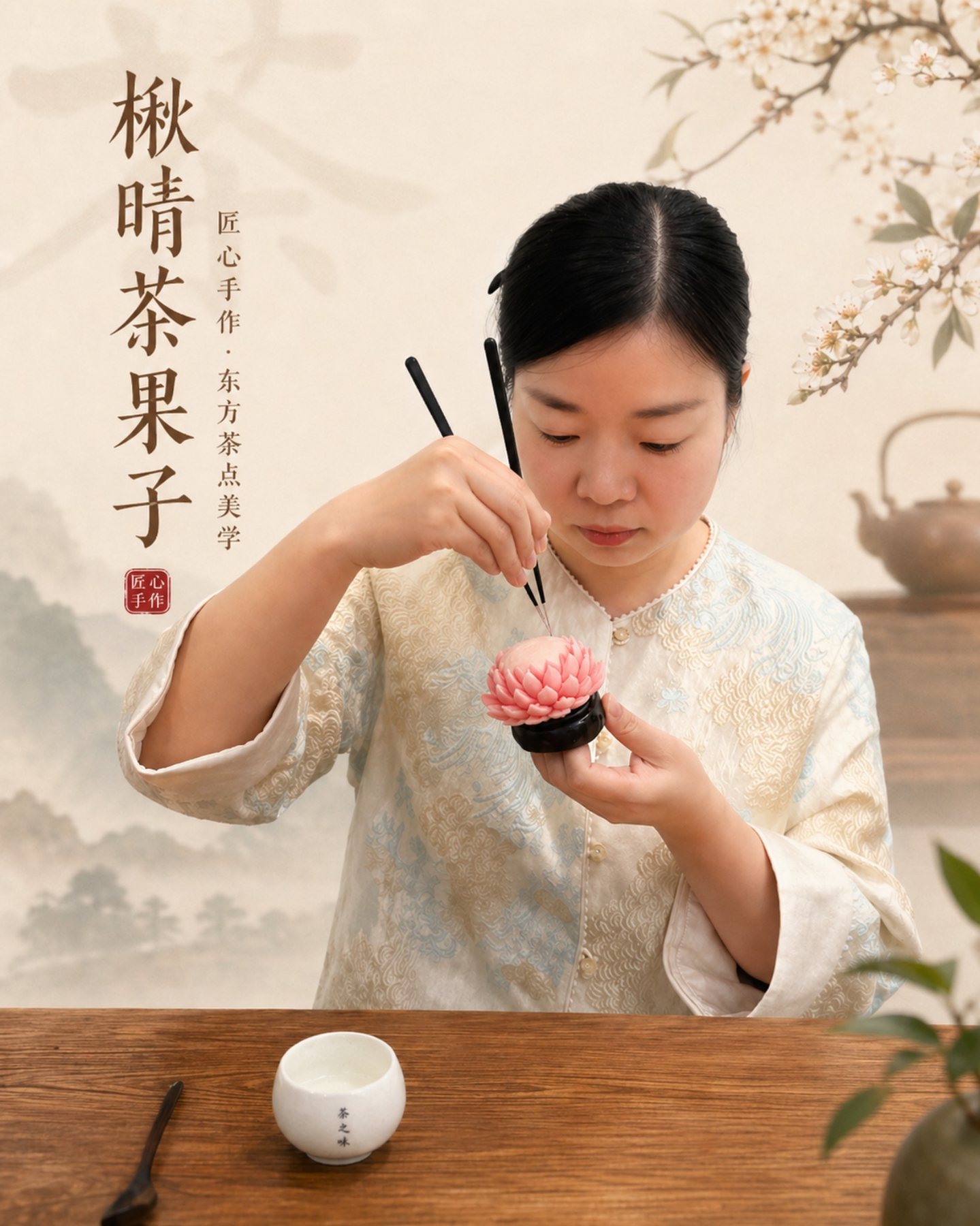 楸晴茶果非遗传承人手作茶果子教学场景与品牌故事图