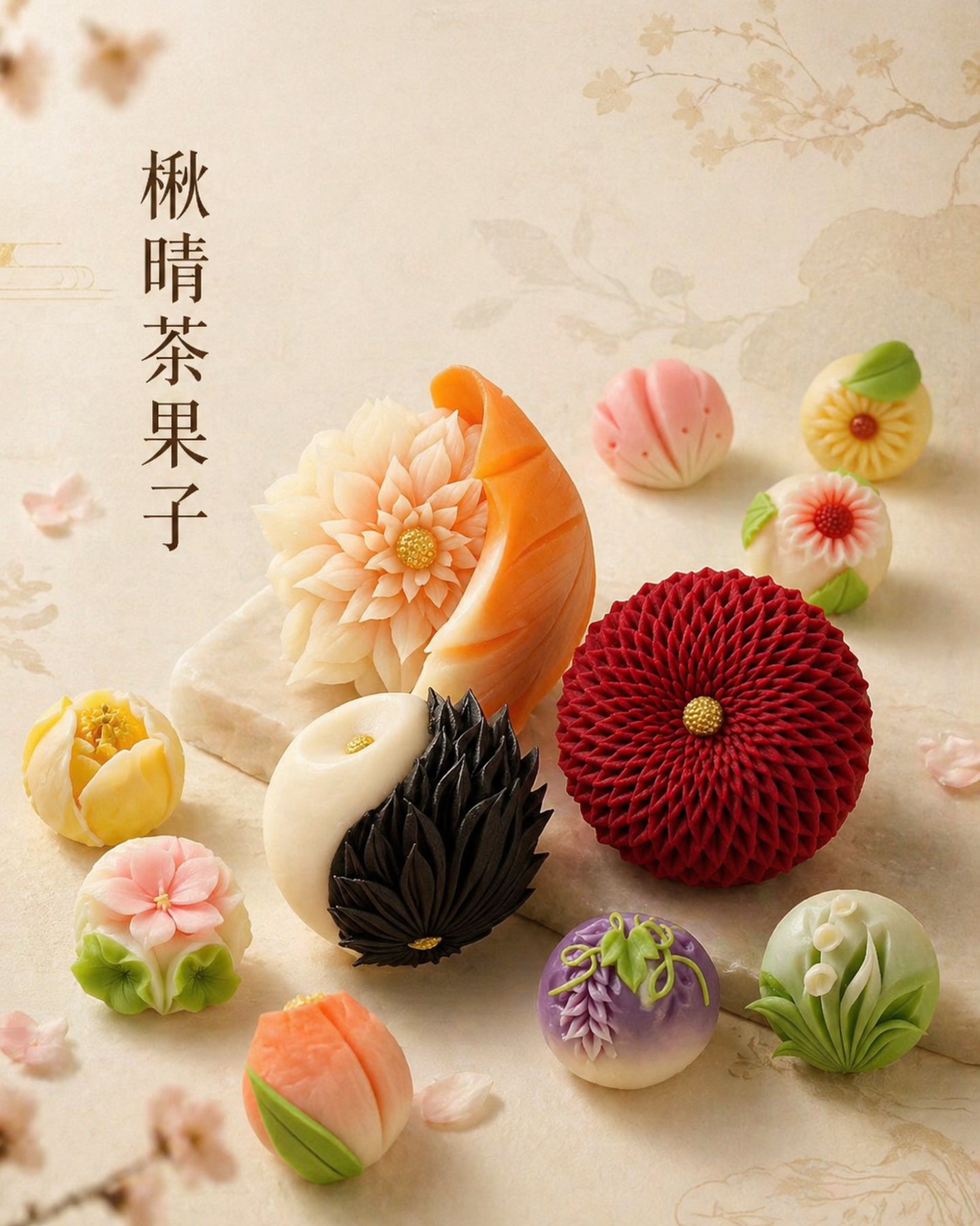 楸晴茶果春季花形茶果子主视觉，中式茶点与非遗茶果教学作品